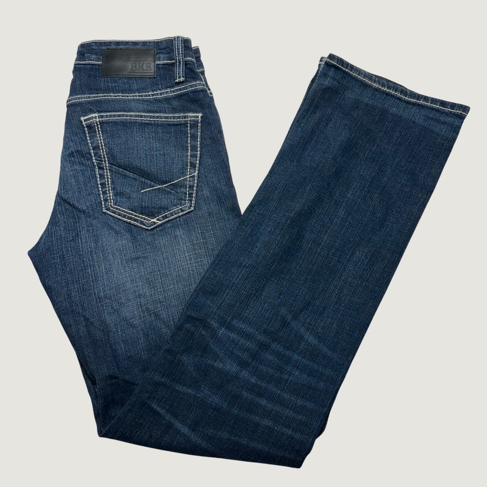 BKE Jake Bootleg Jeans Mens 29L Dark Wash Contrast Stitch Denim Cowboy Western